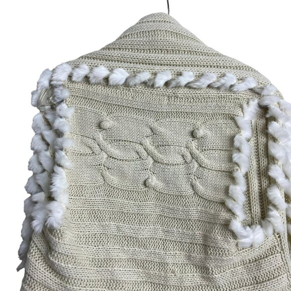 Jessica‎ Simpson Tan/White Faux Fur Cable Knit Scarf Vest Cardigan Size Medium - Picture 7 of 12